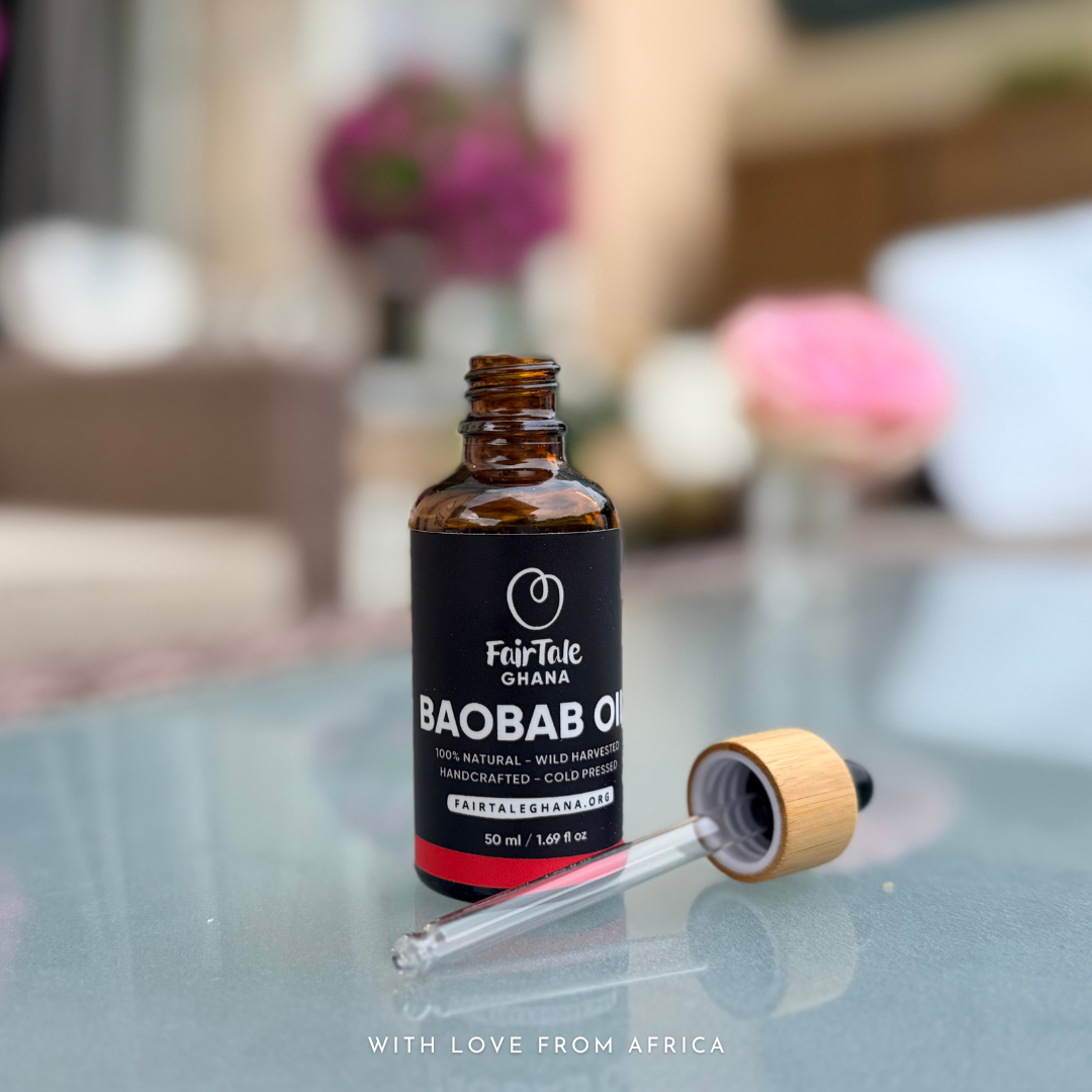 FairTale GHANA Baobab oil bottle, 50 ml size, product photo.
