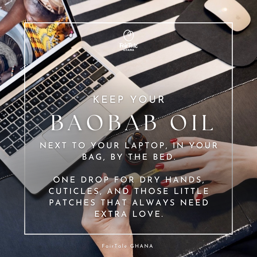 Graphic showing FairTale GHANA Baobab oil used as cuticle oil.