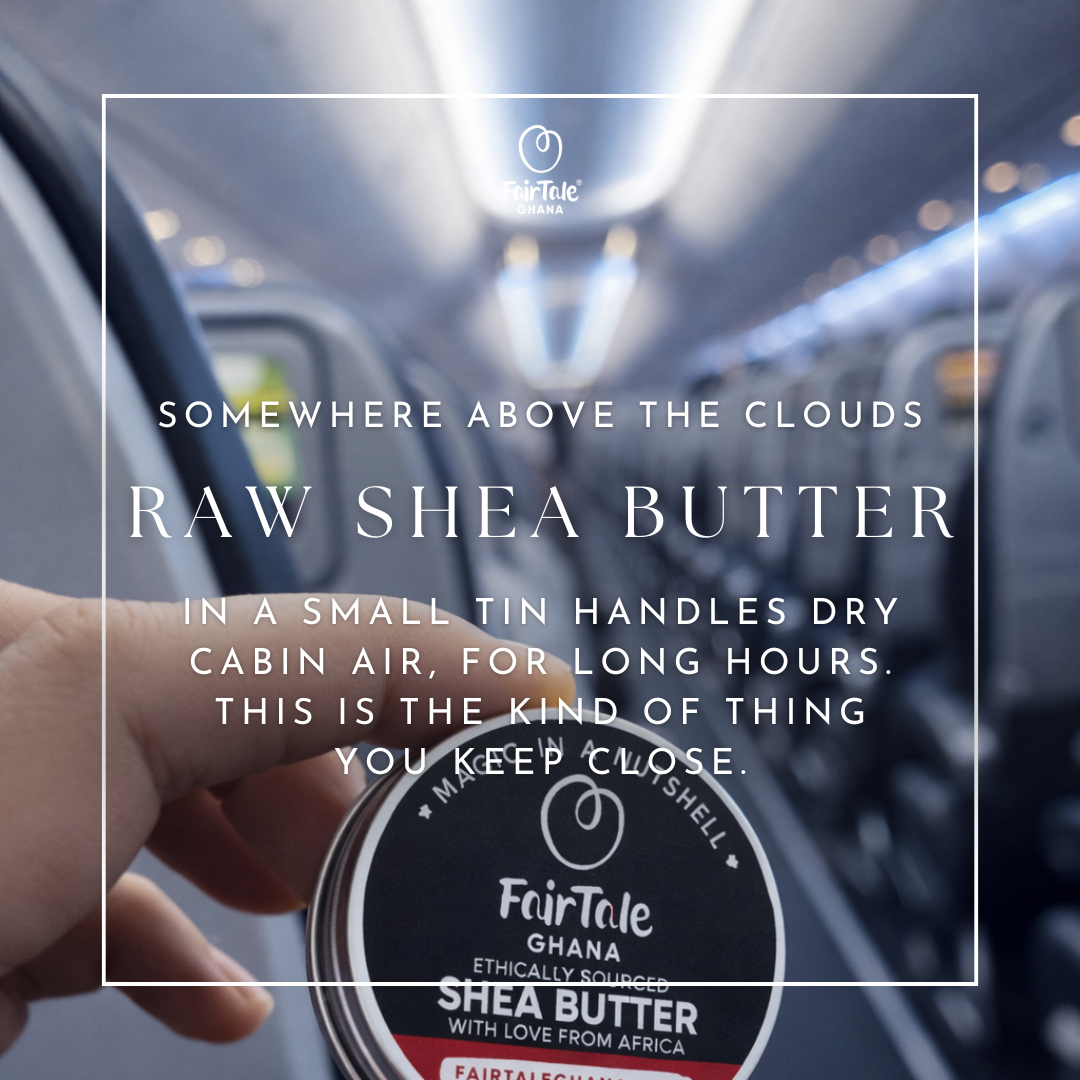 Graphic showing FairTale GHANA raw Shea butter for dry skin care.
