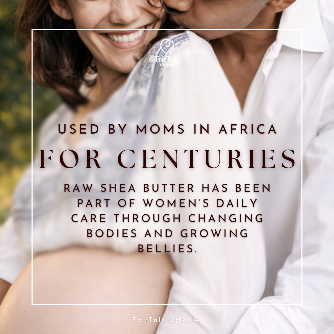 Pregnant woman's belly moisturized with FairTale GHANA raw Shea butter, lifestyle photo.