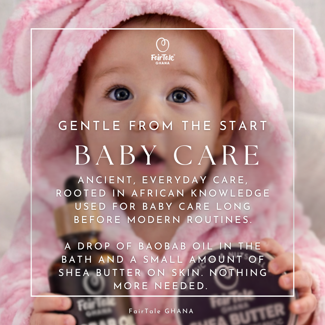 Graphic showing gentle baby skincare with FairTale GHANA Shea butter.