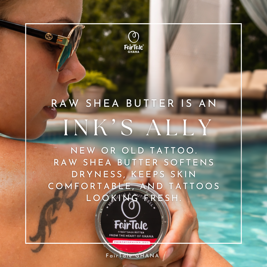Graphic showing FairTale GHANA Shea butter used for tattoo aftercare.