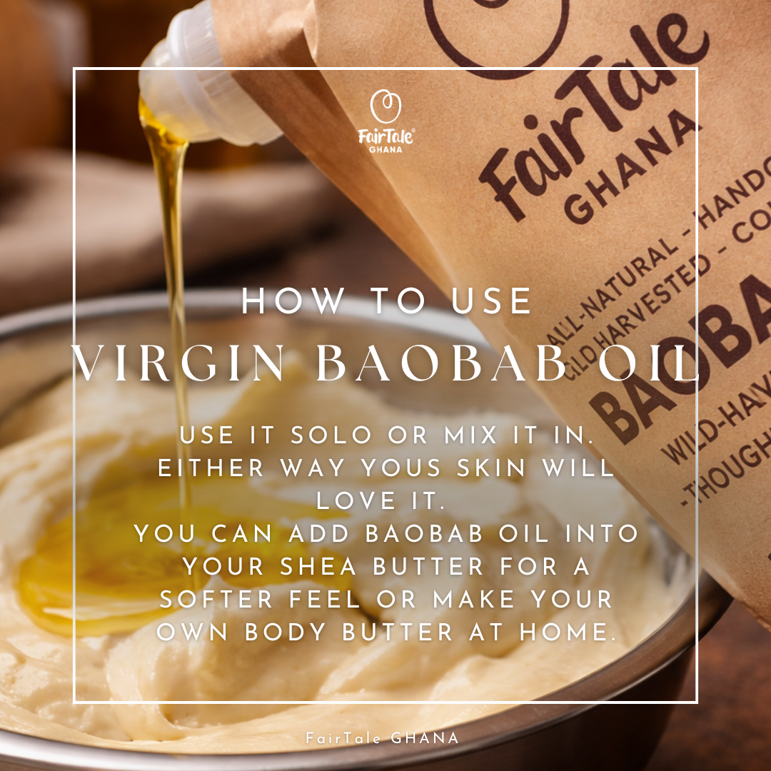 Graphic showing FairTale GHANA Baobab oil used in DIY body butter.