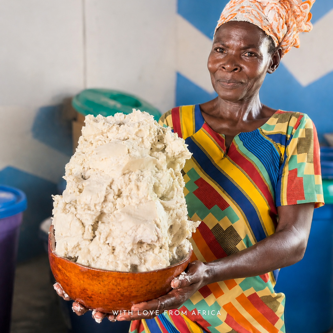 A cooperative member in traditional dress holding a large bowl of freshly made raw Shea butter