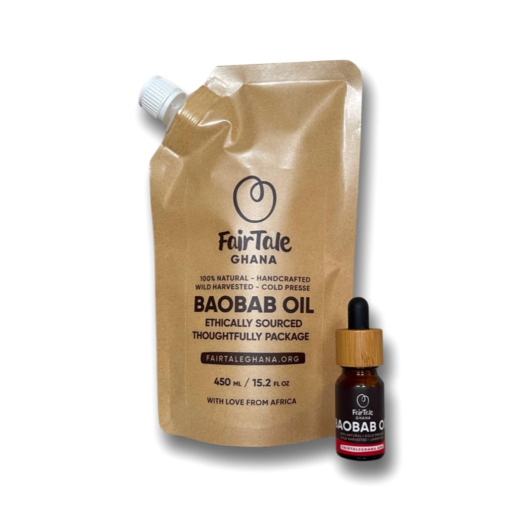 FairTale GHANA cold-pressed Baobab oil 450 ml bottle, product photo.