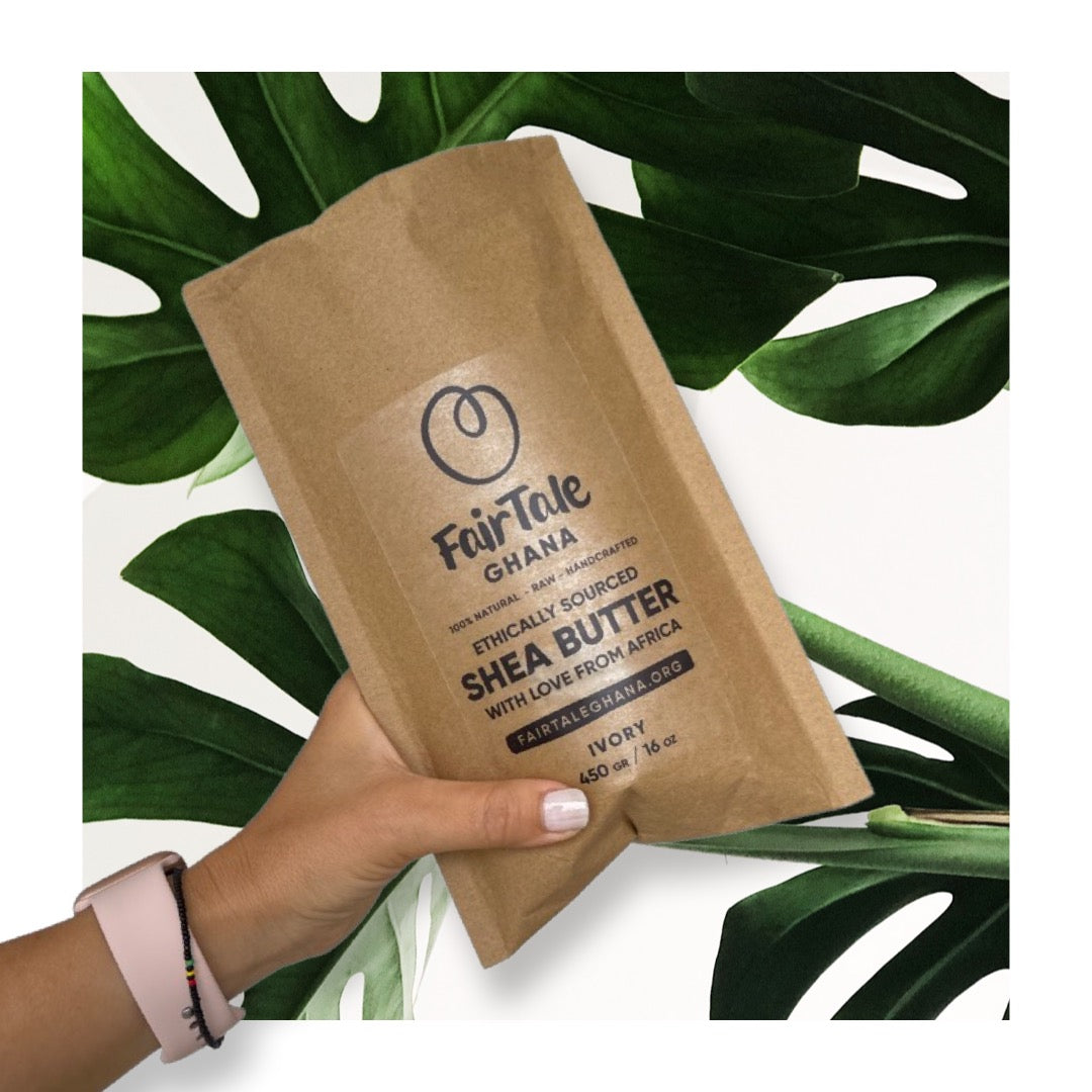 FairTale GHANA raw Shea butter 450 g pouch, product photo on plain background.